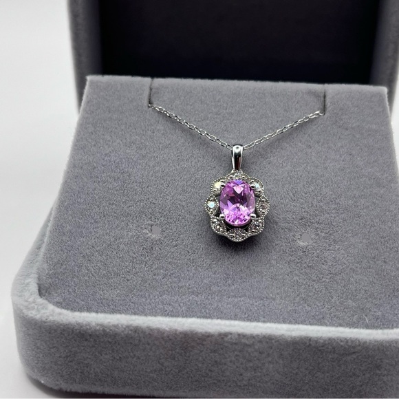 1.25 CT Oval Cut Pink Sapphire and .30 CT Diamond Necklace 925 Sterling Silver - Picture 3 of 7